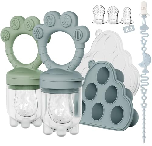 2 Pack Baby Fruit Food Feeder + Breastmilk Popsicle Molds,Baby Teethers,BPA Free,3 Sizes,2mm Fine Holes to Prevent Choking,Perfect for Teething Relief & Infant Solid Food Introduction,3 M+(Ether/Sage)