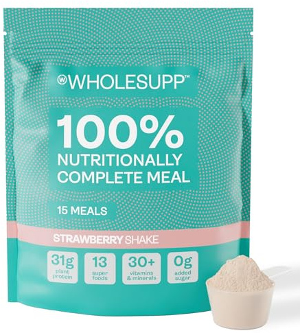 Whole Supp Strawberry Meal Replacement Shake: 31g Vegan Protein & 15 Meals, Gluten-Free, High Fiber Diet Powder, Complete Plant-Based Nutrition
