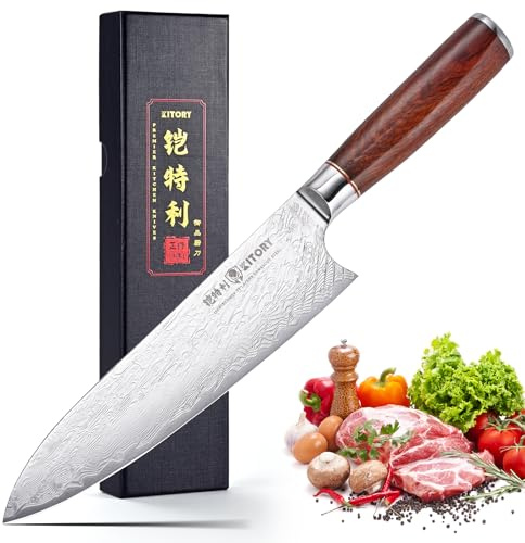 Kitory Damaskuskniv 20 cm Pro Kockkniv – 73 lager damaskusstål, blad av 10Cr15CoMoV-stål, kökskniv med handtag i burmesiskt rosenträ – Pro Damast-serien