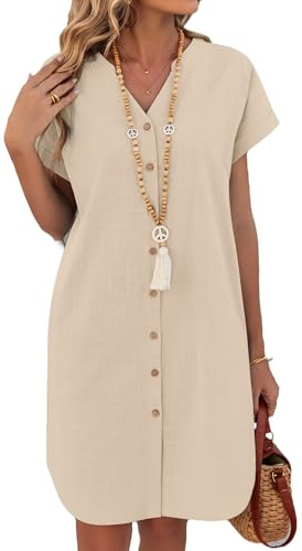 Zeagoo Vestido Blusa Mujer Manga Corta Verano Algodon y Lino Vestido Corto Vestidos de Playa con Bolsillos Liso Cuello en V Vestidos Marrón Claro M