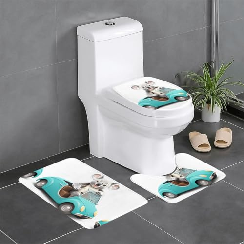 Set di 3 tappeti da bagno 61 x 40,6 cm YYHWHJDE Koala che guida un'auto con immagine antiscivolo, per WC, toeletta e copertura, facile da pulire
