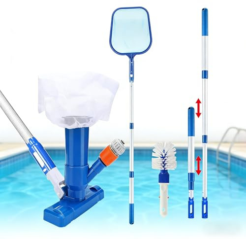 Set di aspirapolvere portatile Jet Vacuum Head Pool con asta telescopica, set di pulizia per piscina con spazzola abrasiva e rete skimmer per la pulizia della piscina, foglie, sporco, sabbia, fango