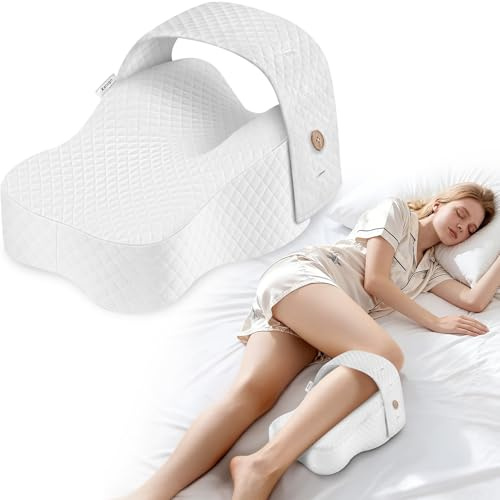 Xalugn Knee Pillow for Side Sleepers | Spine Alignment & Hip Support with Adjustable Memory Foam, Contour Design & Non-Slip Strap | Cooling, Machine-Washable Cover for Home, Travel & Recovery Support