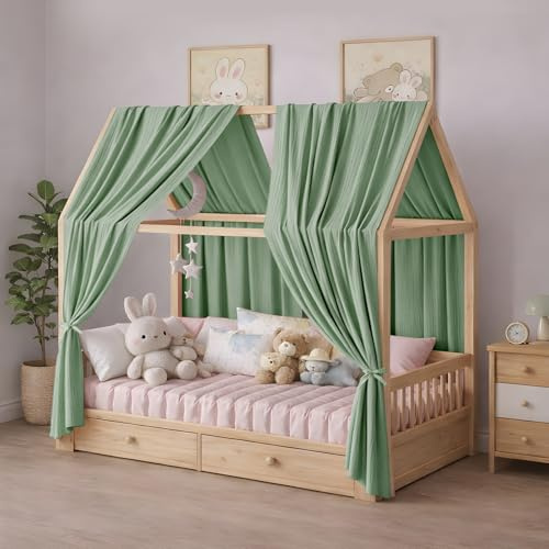Genthread Lot de 2 ciels de lit Maison, Faits à la Main, en Mousseline 100% Coton, pour décoration de lit de Maison, pour Filles et garçons, Unisexe. (Vert, Lot de 2, 65 X 270 cm)
