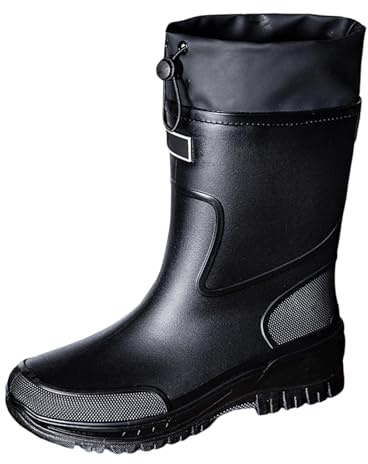 Botas de agua de media pantorrilla para hombre, impermeables, con cordón ajustable, puntera reforzada, antideslizante, absorción de golpes, botas de trabajo de goma gruesas resistentes al barro, forro