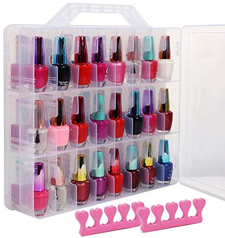 SUBAY Portable Nail Polish Organizer, Clear Double Side Nail Polish Holder,Gel Nail Storage for 48 Bottles with 6 Adjustable Dividers in Each Side Space Saver
