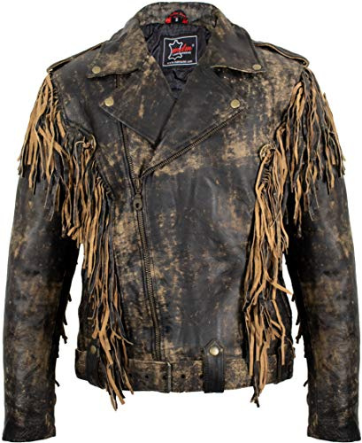 Chopper läderjacka med fransar av äkta läder i vintagelook, Vintage brun, 4XL