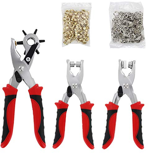 Lochzange Ösenzange Druckknopfzange Set + Ösen 4 mm-100 Stk.+ Druckknöpfe 9 mm-25 Stk. Lochzange Nietenzange Stanz zange Gürtelzange Gürtellocher Locher Leder Gürtel lochen