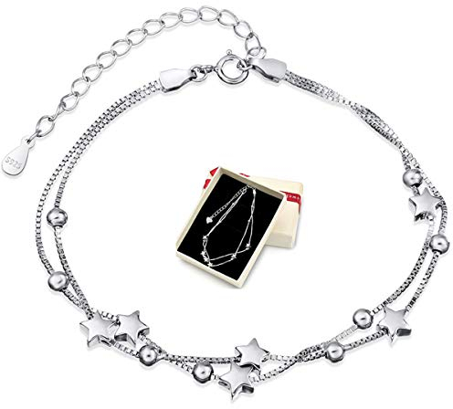 Crazy-M Damen Armband Elegant Perlen 925 Silber und Stern Double Layered Armkettchen mit 925 Sterling Silber Armband Armkette Armbänder Liebe Armbänder mit Schmuckverpackung