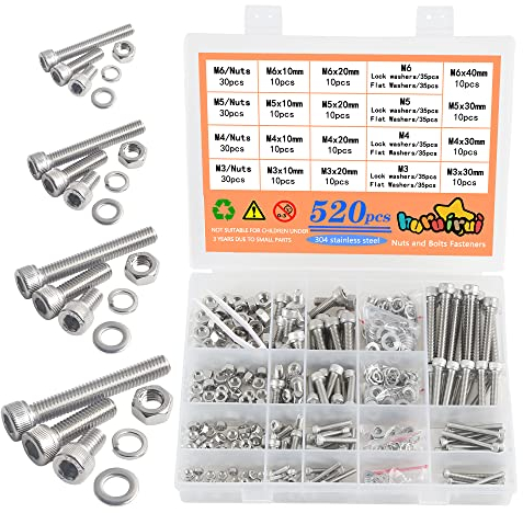 huruirui 520 Stück Schrauben Set m3 m4 m5 m6 mit Muttern Unterlegscheiben Schrauben Muttern Set Zylinderschrauben mit Innensechskant 304 Edelstahl Knopf Gewindeschrauben Sortiment