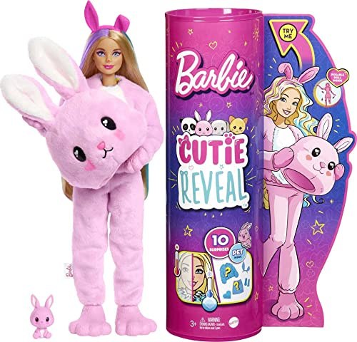 Barbie Cutie Reveal, bewegliche Hasenzubehör, 10 Überraschungen, Haustierspielzeug, Farbwechseleffekt, inkl. 1 Cutie Reveal Puppe, Geschenke für Kinder ab 3 Jahren,HHG19