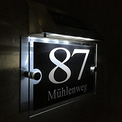 Solar beleuchtete Hausnummer Hausnummernschild 1-9999 Straßenname LED Personalisiert