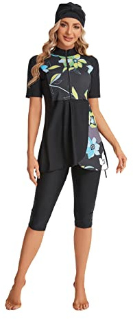 Modest Short Sleeve Swimsuits for Women 3-Piece Bathing Suits Floral Print Swimming Suits Plus Size Rash Guard(L, Y1)