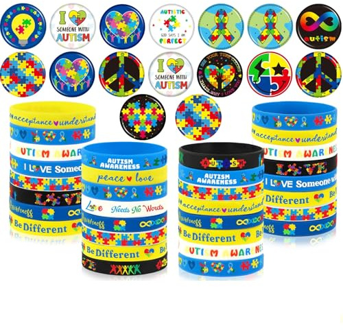 DTOFOOT 64PCS Autism Awareness Party Favor Accessories 32pcs Autism Awareness Button Badges Pins and 32pcs Silicone Bracelets for Party Motivational Goodie Bag Fillers