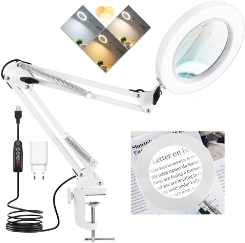 Kevsuvqin Lampada con Lente di Ingrandimento Professionale, 10x Lente di Ingrandimento con Luce, Lampada LEnte INgrandimento con Morsetto e Braccio Orientabile, 3 Modalità Colore, 10 di Luminosità