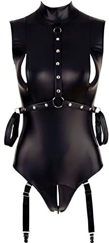 body sexy femme érotique ouvert entrejambe en zippée bodysuit femme cuir pu porte jarretelle lingerie sexy femme coquine hot sein nu justaucorps babydoll teddy femme club libertin (Black, XXXL)
