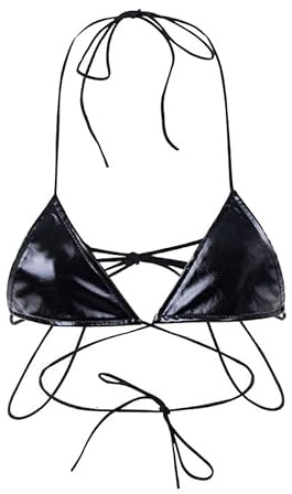 Women's Wet Look Halter Neck Bras Crop Tops Sexy Triangle Strappy Crisscross Wrap Bra Shiny Metallic Two Piece Bra Tops for Rave Clubwear Music Festival Outfit Black