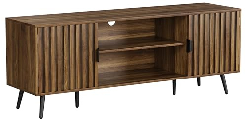 Smart FENDEE 135cm TV Stand, TV Console for TV up to 55 Inch, Mid Century Modern Entertainment Center with Fluted Doors and Adjustable Shelf for Living Room, Bedroom, Walnut