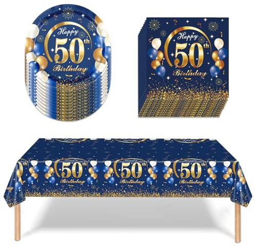 APPCXOKL Piatti Compleanno 50 - Decorazione di Compleanno Set di Stoviglie per Feste,Set Robusto e Lussuoso Set posate con Piatti, Tovaglia e Tovaglioli