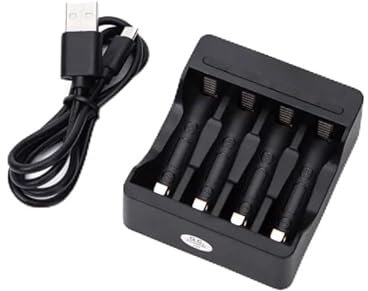 Cargador rápido de Pilas AA/AAA, 4 Canales, Negro, Ideal para recargar Pilas en Dispositivos electrónicos y prolongar su Uso.