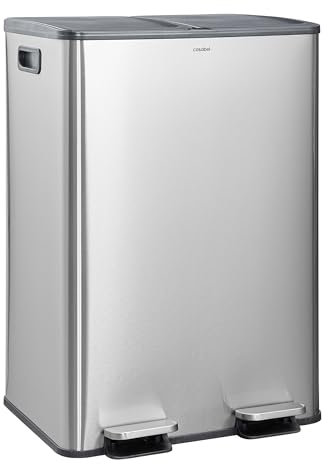 CASABEL Pattumiera per Raccolta Selettiva 60L - 2 x 30 Litri, Doppi Scomparti 2x30L, Acciaio Inox Spazzolato, Pattumiera Rettangolare con Pedali, Anti Tracce, Anti Odori, Azienda Francese