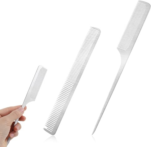 2Pcs Stainless Steel Metal Combs, Rat Tail Comb with Metal Pick Flat Top Barber Comb, Fine Tooth Pintail Teasing Combs for Women Men Hair Styling Cutting(Silver)