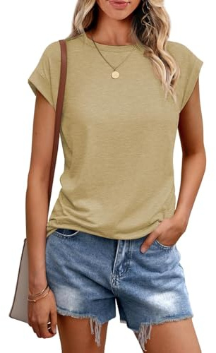 Cuptacc T Shirt Damen Sommer Tops Für Damen Oberteile Rundhalsausschnitt Business Bluse Kurzarm T-Shirt Locker Khaki Groß L 42-44