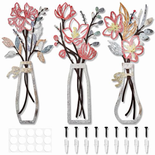 3 PCS Metal Flower Wall Arts, 13.8 x 6 Inch Rustic Farmhouse Vase Wall Decor, Boho Minimalist Hanging Sculptures, Colorful Home Decoration Housewarming Gift for Bathroom Bedroom Living Room