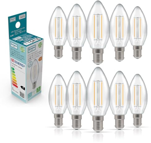 Crompton Lamps Filament Candle LED Light Bulb SBC-B15d | 2.5W = 25W Equivalent | Cool White 4000K | Energy Efficient | Small Bayonet Lightbulb | Long Life 15000-Hrs | Clear Glass | Dimmable | 10-Pack