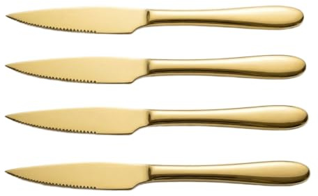 Set 4 Coltelli da Cucina Coltello da Colazione Bistecca Seghettati in Acciaio Coltelli da Tavola Lama 11 cm, Adatto per Carne Pomodoro Affettare Pane Posate Lavabile in Lavastoviglie Dorate Colore Oro