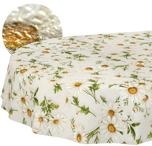 ANRO Nappe enduite Marguerites Blanches Ovale 240x140 cm Anti-Taches | lavable à 30 °C – idéale pour jardin, terrasse et salle à manger – linge de table en tissu enduit