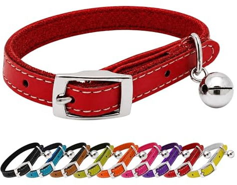 Real Genuine Leather Cat Collar with Bell & Safety Elastic – Adjustable Kitten Collar with Buckle Fastening, Soft Lightweight Leather Pet Collar for Cats & Kittens (Red)