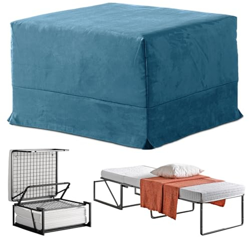 EVERGREENWEB - Pouf Letto Singolo con Materasso in WaterFoam Alto 10 cm Salvaspazio Pieghevole per Camera, Cameretta o Soggiorno, Pouf poggiapiedi, Ottomano, Tessuto Sfoderabile e Lavabile - Blu