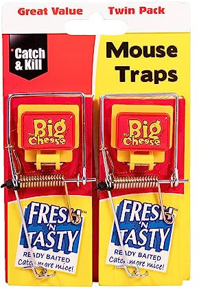 The Big Cheese Fresh Baited Mouse Trap - Twinpack, Kills Mice with Spring Mechanism, Ready-To-Use, Plastic Coated Wood for Easy Cleaning, Indoor and Outdoor Use, Red