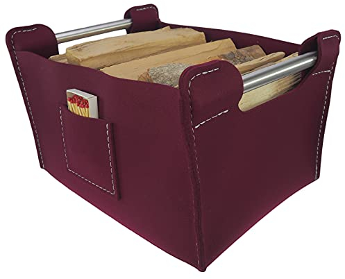 stabiler ebos Holzkorb, 50x38x33cm handgefertigt ✓ 100% Wollfilz ✓ Edelstahlgriffe ✓ Handarbeit | Vielseitig nutzbar als Kamin-Holzkorb, Aufbewahrungskorb, Zeitungskorb, Feuerholzkorb | (bordeauxrot)