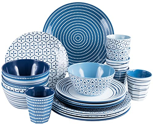 Melamin Camping Geschirr Set für 6 Personen 24 Teile - blau weiß - Campinggeschirr Geschirrset Tafelgeschirr