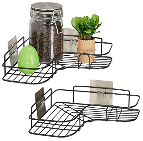 Relaxdays 2 x Eckregal Küche, zum Kleben, Aufbewahrung, Gewürze & Kräuter, Wandregal H x B x T 5,5 x 26 x 26 cm, Eisen, schwarz