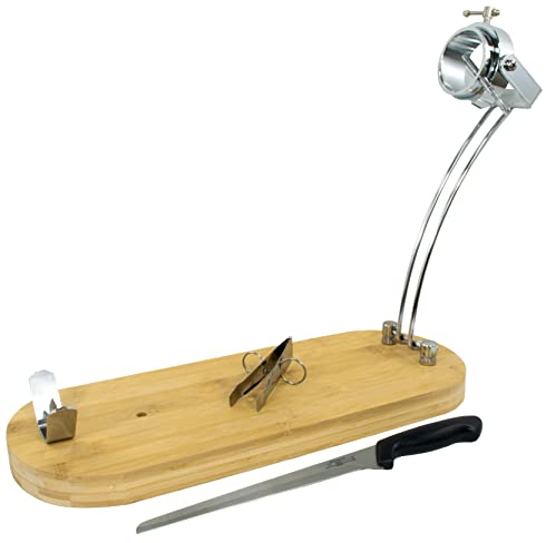 Fackelmann Set Soporte Jamonero Plegable y Giratorio de Bambú con Cuchillo Jamonero 34 cm Nirosta Elegant de Acero Inoxidable y Pinza para Jamón 11 cm de Acero Inoxidable