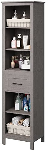 fevarbord 171cm Hoch Badezimmerschrank Hochschrank schmaler Badschrank mit 1 Schublade und 5 offenen Fächern, 42x31x171cm, Rauchgrau