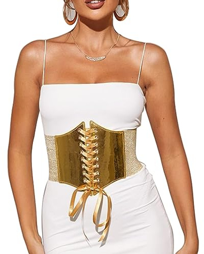 Inzegao Ceinture corset large extensible boutonnée argentée à lacets pour femme, doré, taille unique