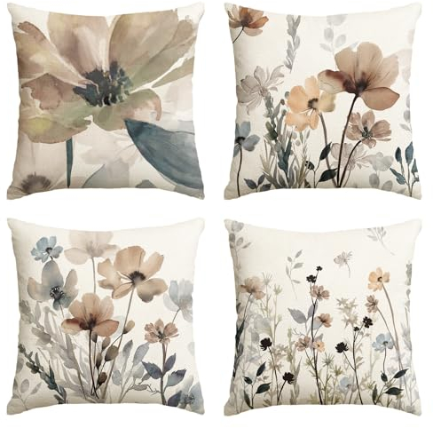 Artoid Mode Wilde Blumen Blätter Geometrische Muster Frühling Kissenbezüge 4er Set, 45x45 cm Saisonnal Zierkissenbezug Couch Wohnzimmer Deko