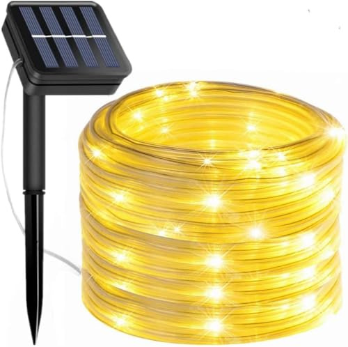 Tira de Luces LED Solares Impermeables al Aire Libre con manguera de luz con panel solar waterproof para Césped, Jardín, Patio, Fiesta, árbol de Navidad. (22 Metros - 200 Led, Blanco Calido)