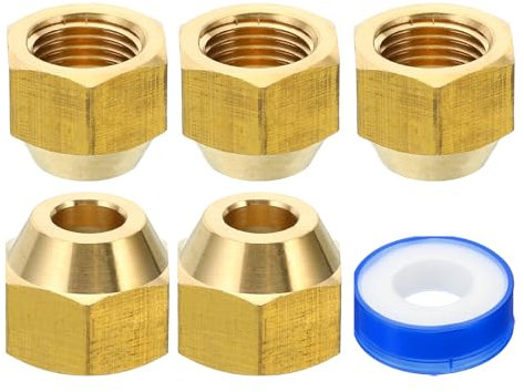 PATIKIL 5/16 SAE Dado a Compressione in Ottone, 5pz 45 Gradi Raccordo Tubo Svasato in Rame Tappo per Raccordo Tubo Ottone con Nastro Adesivo per Linea Gas Acqua Condizionatore Aria, Lucido