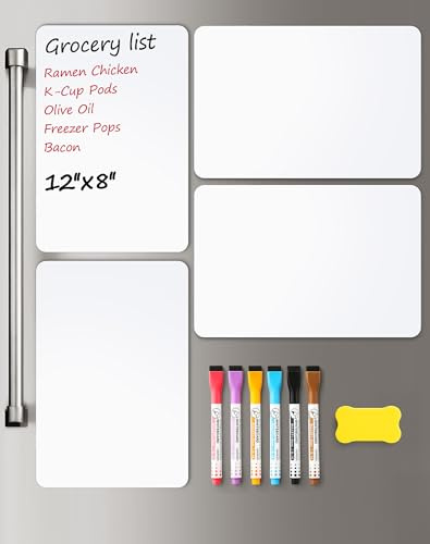 4 PACK Magnetic Dry Erase Board Sheet for Fridge, 12x8 Erasable Refrigerator WhiteBoard w/ 6 Markers & 1 Eraser- Smooth and Flexible Small Magnet Blank Notepad for Home Kitchen Organizer and Planner