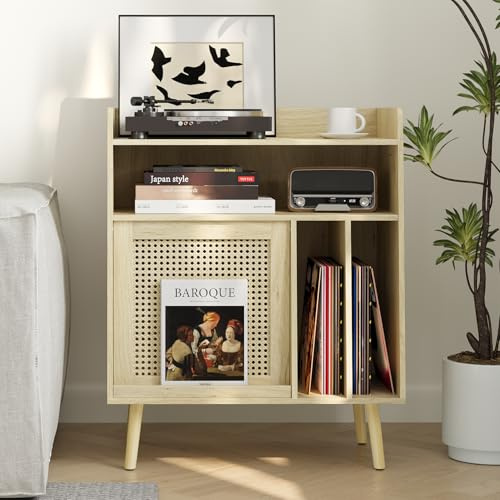 Semiocthome Support de Tourne-Disque avec Rangement en Vinyle, Table de Tourne-Disque avec étagère de Rangement, Support de Plateau tournant avec Porte d'armoire en rotin, Table d'appoint avec Pieds