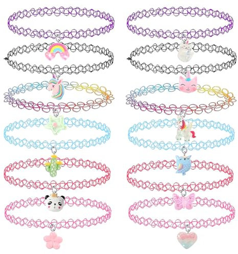 12 Pezzi Girocollo Set di Collane per Bambini Ciondolo Charm Unicorno Arcobaleno Panda Gatto Cuore Fiore Sirena Girocollo Tattoo Stretch Elastico