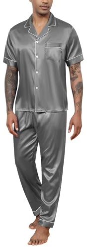 Reliwel Satin pyjamas herr lång sidenpyjamas män v-ringad skjorta med pyjamasbyxor tvådelad vardagskläder sovkläder nattkläder elegant sidenpyjamas, GRÅ, XXL