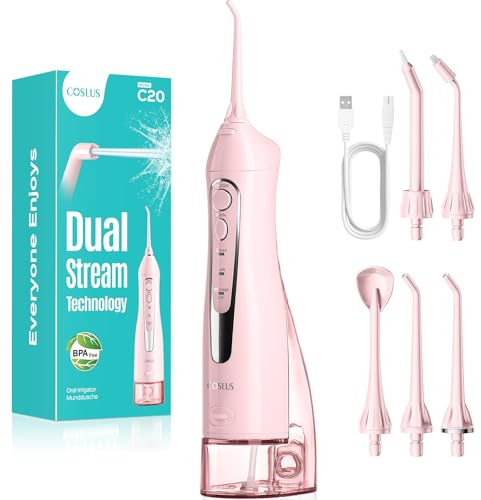 COSLUS C20 Water Dental Flosser Teeth Pick: 2026 Upgraded Portable Cordless Waterproof Flossing 300ML Rechargeable Travel Irrigation Cleaner IPX7 Pink
