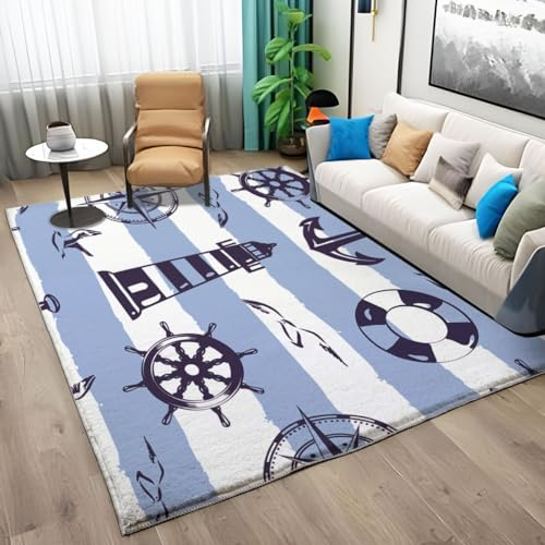 Teppiche Gegend Leuchtturm und Anker Teppich Wohnzimmer 180 x 240cm Waschbarer Teppich Kurzflor Teppich Anti-Rutsch Unterseite Heimdeko für Schlafzimmer