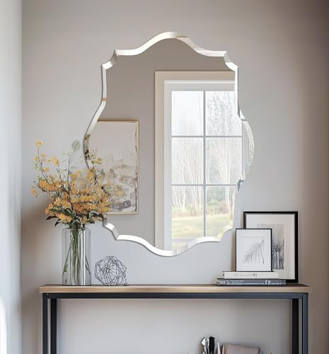Artloge Specchio asimmetrico design senza cornice, specchio organico soggiorno vetro smussato grande, specchi irregolari per bagno, ingresso, camera da letto, argento